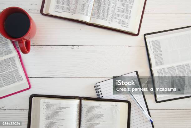 Group Bible Study On A White Wood Table Stock Photo - Download Image Now - Bible, Studying, Group Of Objects