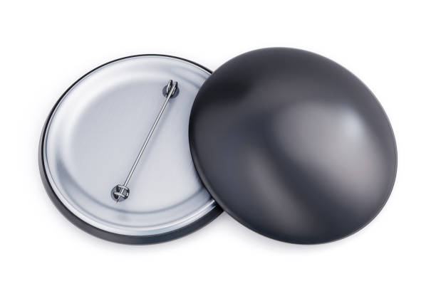istock Black badge pin brooch front and back side mock-up. Empty clear pin emblem mock up. Template button badge  mock-up for your design. 3d rendering. 956433056