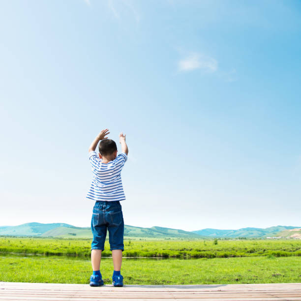 istock Little boy with arms raised outdoors 956435894