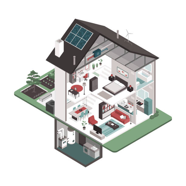 ilustraciones, imágenes clip art, dibujos animados e iconos de stock de interiores de casa eficiente de energía contemporáneo - model home house home interior roof