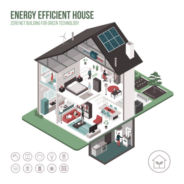 illustrations, cliparts, dessins animés et icônes de intérieurs de maison efficace énergie contemporaine - model home house home interior roof