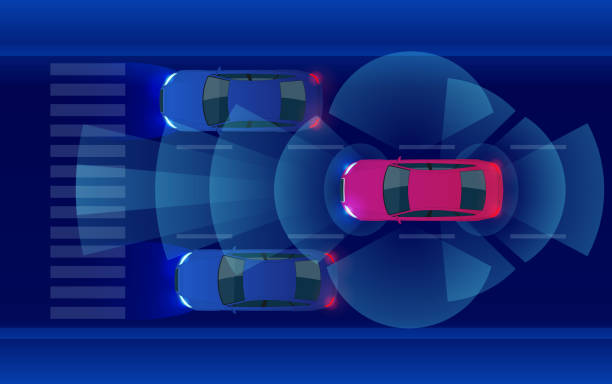 istock Smart car HUD, autonomous self-driving mode vehicle on metro city road iot concept with graphic sensor radar signal system and internet sensor connect. 956437536