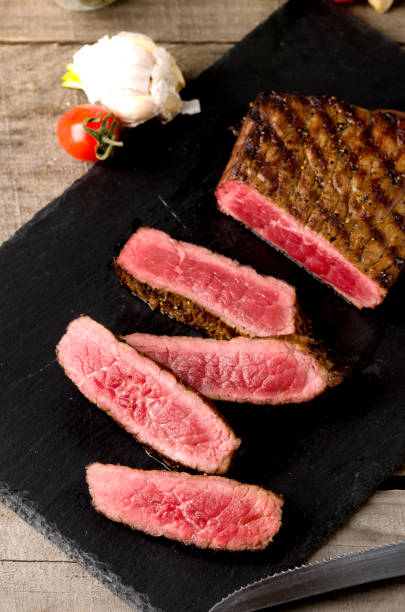 istock beef rare steak sliced dark plate 956449424
