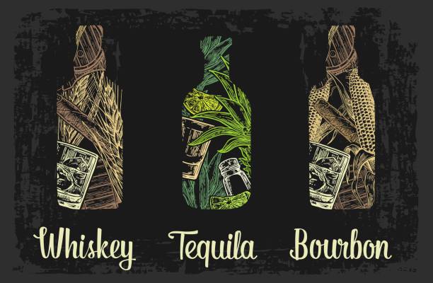 Whiskey and tequila bottle with glass, ice cubes, barrel, cigar, cactus, salt and lime. Whiskey and tequila bottle with glass, ice cubes, barrel, cigar, cactus, salt and lime. Color hand drawn sketch on vintage black background. Vector engraved illustration bourbon barrel stock illustrations