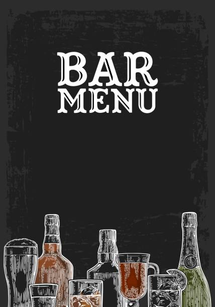ilustrações de stock, clip art, desenhos animados e ícones de template for bar menu alcohol drink. - whisky ice cube glass alcohol