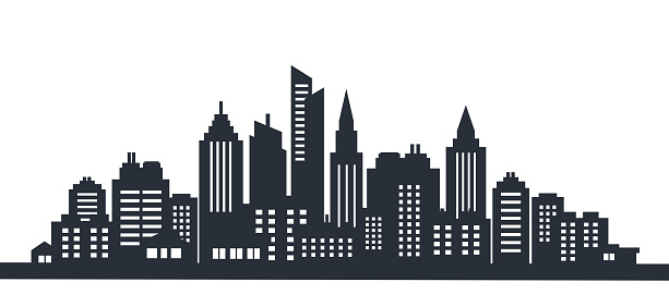 City silhouette land scape. Horizontal City landscape. Downtown landscape with high skyscrapers. Panorama architecture Goverment buildings illustration. Urban life Vector illustration