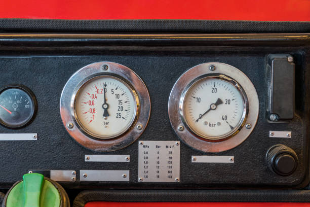 istock Close up of a black old worn panel with analog meters. 956458554
