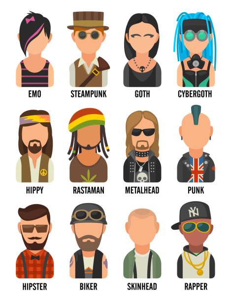 Set icon different subcultures people. Hipster, raper, emo, rastafarian, punk, biker, goth, hippy, metalhead, steampunk, skinhead, cybergoth. Set icon different subcultures people. Hipster, raper, emo, rastafarian, punk, biker, goth, hippy, metalhead steampunk skinhead cybergoth Vector flat illustration on white background emo hair guys stock illustrations