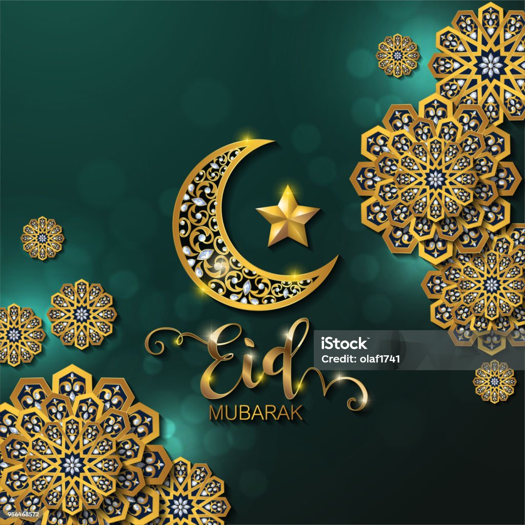 Eid mubarak greetings background Islamic with gold patterned and crystals on paper color background. Eid-Ul-Fitr stock vector