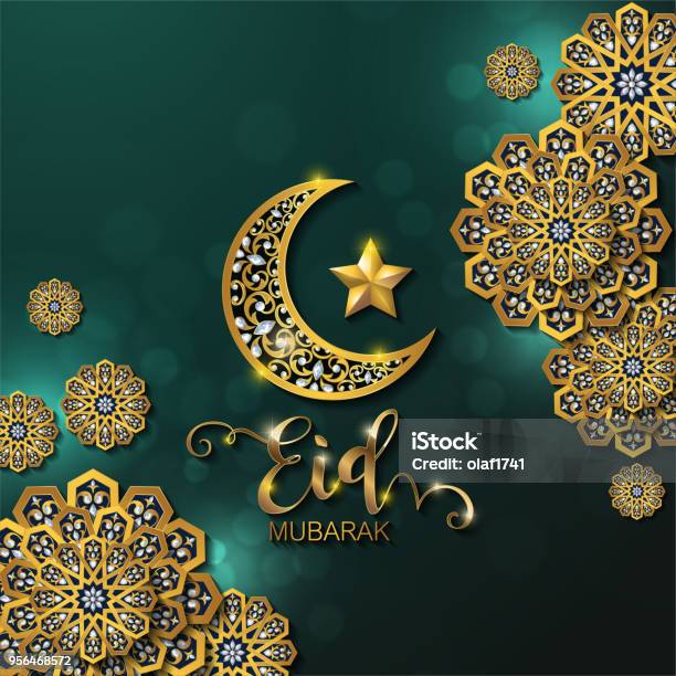 Eid Mubarak Greetings Background Islamic With Gold Patterned And Crystals On Paper Color Background Stock Illustration - Download Image Now