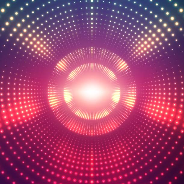 ベクトル無限ラウンド、紫色の背景にフレアを輝くのトンネルです。光るポイントは、トンネルのセクターを形成します。抽象的なサイバー デザインのカラフルな背景。エレガントなモダン - disco dancing点のイラスト素材／クリップアート素材／マンガ素材／アイコン素材
