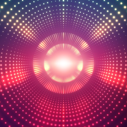 Vector infinite round tunnel of shining flares on violet background. Glowing points form tunnel sectors. Abstract cyber colorful background for your designs. Elegant modern geometric wallpaper.
