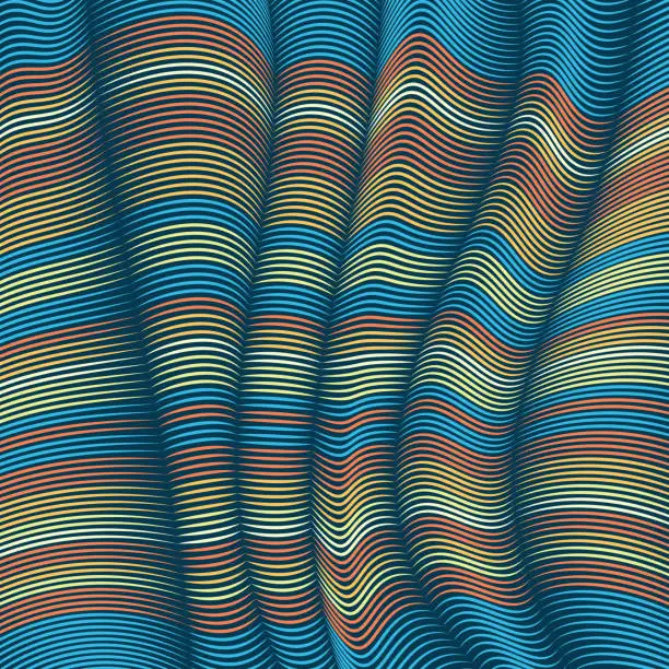 Vector illustration of Vector warped lines background. Flexible stripes twisted as silk forming volumetric folds. Colorful stripes with variable width. Modern abstract creative backdrop.