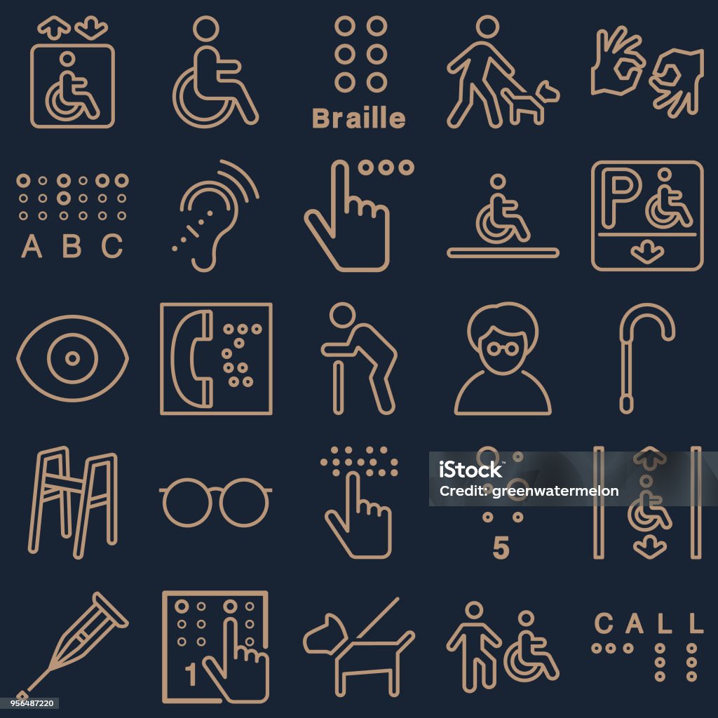 Disability Line Color Vector File of Disability Line Color related vector icons for your design or application. Raw style. Files included: vector EPS, JPG, PNG. See more in this series. Braille stock vector