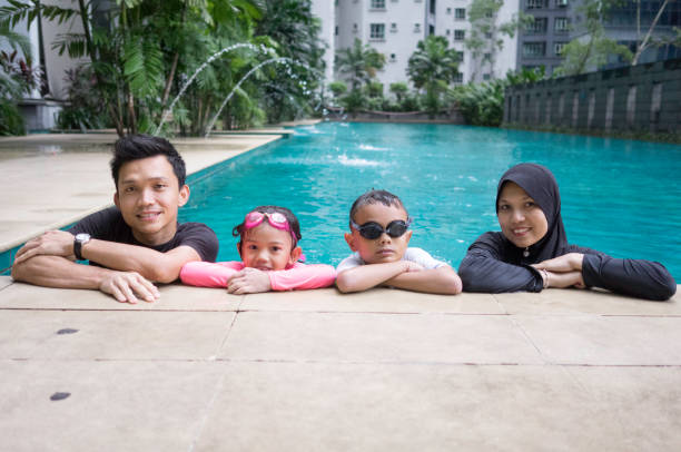 馬來族泳池游泳 - 回教泳裝 圖片 個照片及圖片檔