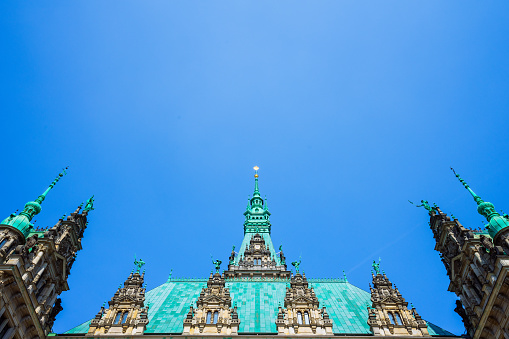 Roof shape view of the beautiful famous Hamburg town hall in Altstadt quarter, Hamburg, Germany