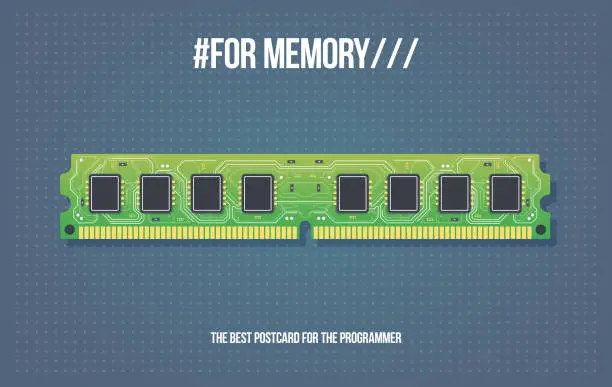 Vector illustration of Gift card with DDR RAM memory module. Computer RAM Memory Cards. Electronic board in cartoon style