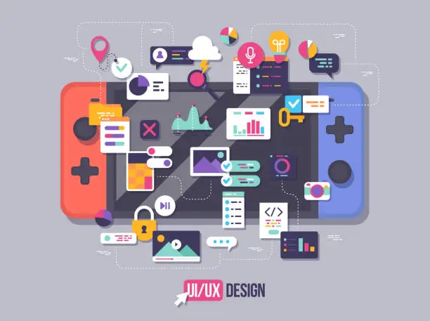 Vector illustration of The process of developing interface for game console. Flat design template for mobile app and website design development with included UI UX elements