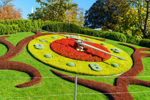 L'horloge fleurie, or the flower clock, in Jardin Anglais park, Geneva, Switzerland