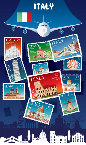 ilustraciones, imágenes clip art, dibujos animados e iconos de stock de italia de envío - rubber stamp mail passport travel