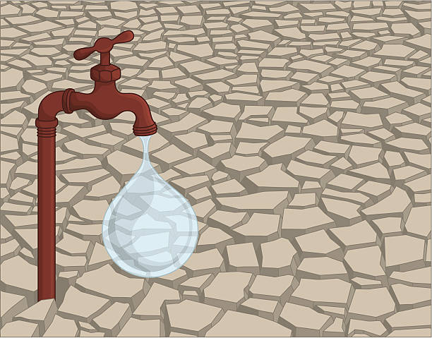 Leaking faucet in dried soil Leaking rusty faucet standing in the dried cracked soil. All elements are easy changeable.  dry cracked soil stock illustrations