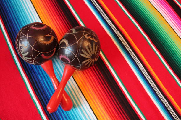 poncho maraca Mexican Mexico Background Mariachi, fiesta serape stripes with copy space stock photo