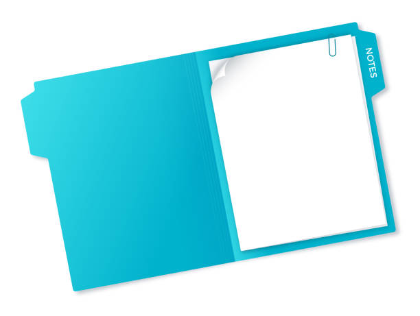 illustrazioni stock, clip art, cartoni animati e icone di tendenza di cartella blu con documenti - paper clip document file note pad