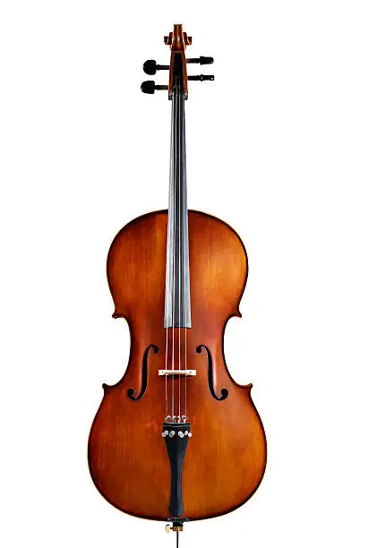 Photo of A single wooden cello on a white background