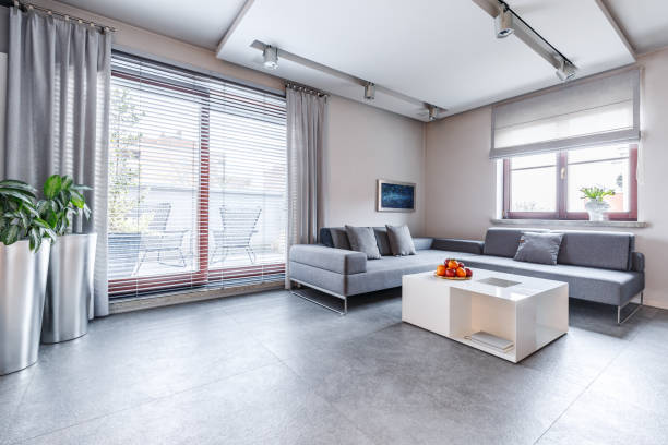istock Bright spacious gray living room 956558732