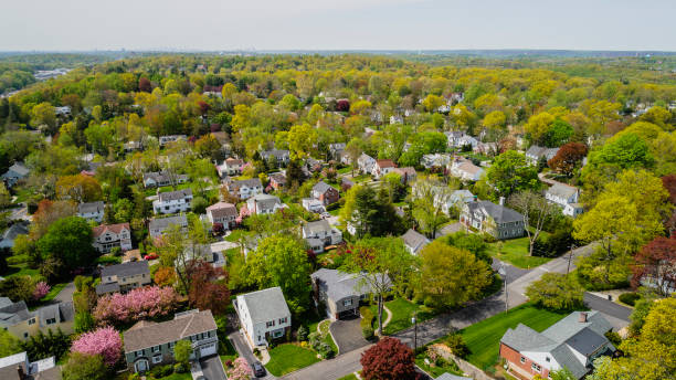 la pintoresca vista aérea de scardale ciudad, condado de westchester, nueva york estado, estados unidos, en el día soleado de primavera. - tree area fotografías e imágenes de stock