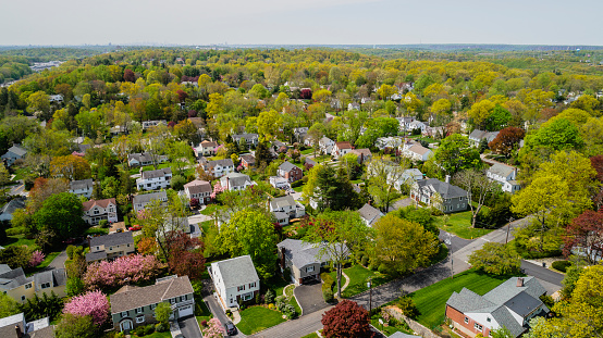 The scenic aerial view of Scarsdale city, Westchester County, New York State, USA, at spring sunny day.