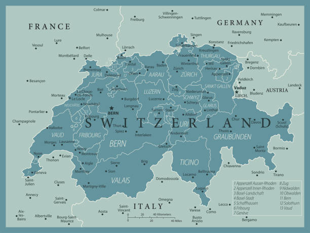 23 - Switzerland - Vintage Murena 10 Map of Switzerland - Vintage Vector illustration zurich map stock illustrations