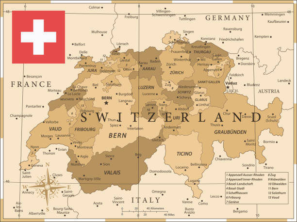 ilustrações de stock, clip art, desenhos animados e ícones de 25 - switzerland - vintage golden 10 - map switzerland swiss culture zurich