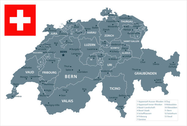 30 - Switzerland - Grayscale Isolated 10 Map of Switzerland - Vector illustration switzerland stock illustrations