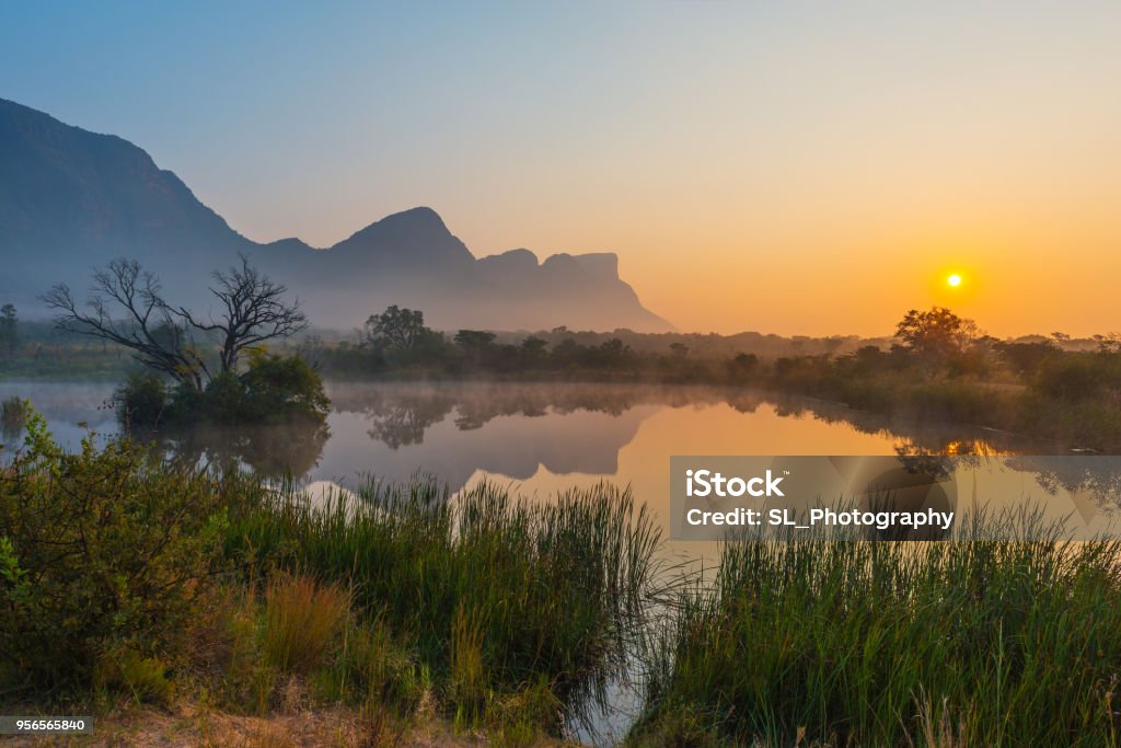 Entabeni Game Reserve in South Africa Sunrise inside the Entabeni Game Reserve famous for safari with a reflection of the Hanging Lip of Hanglip mountain peak in a swamp lake located near Kruger Park, Limpopo Province, South Africa. South Africa Stock Photo