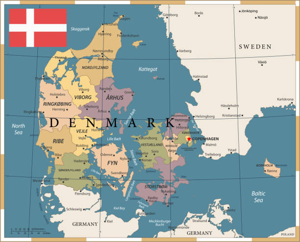 20 - Denmark - Vintage Color Dark Map of Denmark - Vintage Vector illustration aalborg stock illustrations