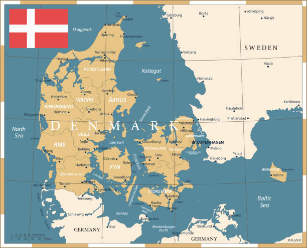 22 - Denmark - Vintage Golden Dark 10 Map of Denmark - Vintage Vector illustration aalborg stock illustrations