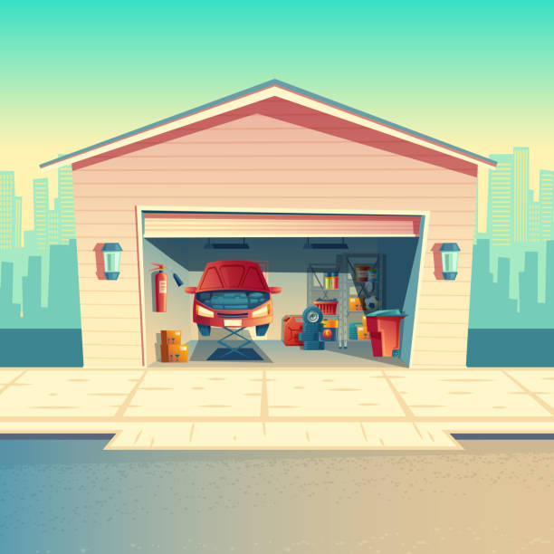 벡터 만화 자동차 정비사 워크샵, 차고 - car backgrounds battery service stock illustrations