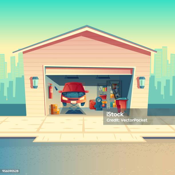 Vector Cartoon Mechanic Workshop With Car Garage Stock Illustration - Download Image Now - Auto Repair Shop, Garage, House