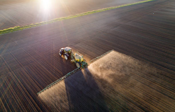 tractor fumigación cultivos jóvenes en campo - fertilizante fotos fotografías e imágenes de stock