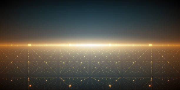 istock Vector infinite space background. Matrix of glowing stars with illusion of depth and perspective. Abstract cyber fiery sunrise. Abstract futuristic universe on dark turquoise background. 956596400
