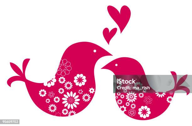 Zwei Rote Süße In Liebe Vögel Mit Blumenmuster Stock Vektor Art und mehr Bilder von Bildkomposition und Technik - Bildkomposition und Technik, Blume, Blumenmuster