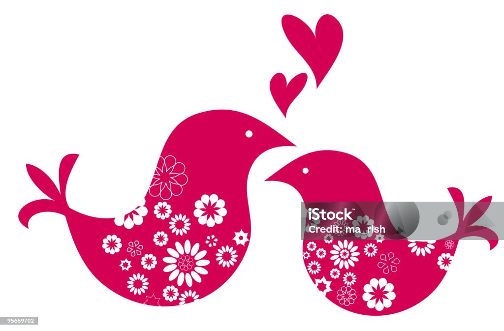 Deux rouge mignon en amour oiseaux avec motif fleuri - clipart vectoriel de Amour libre de droits