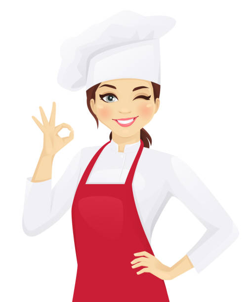 illustrations, cliparts, dessins animés et icônes de ok gesticulant de femme chef - enseigne restaurant