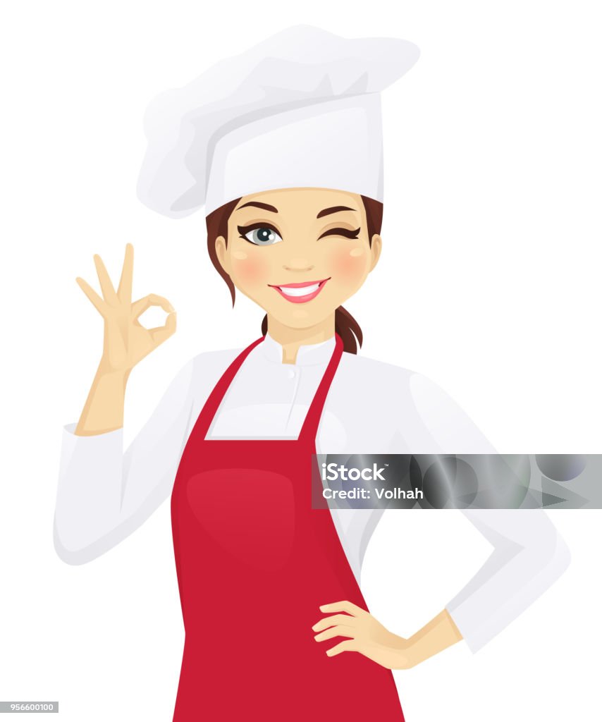 Chef-kok vrouw gebaren ok - Royalty-free Kok vectorkunst