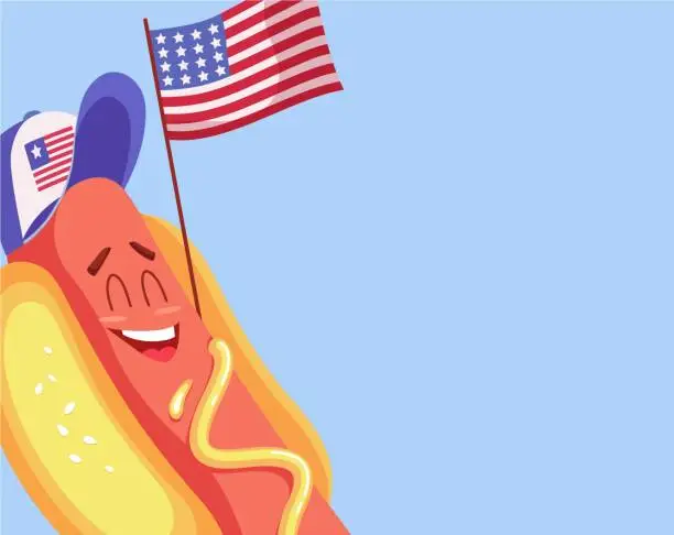 Vector illustration of Funny cartoon hot dog with usa flag.