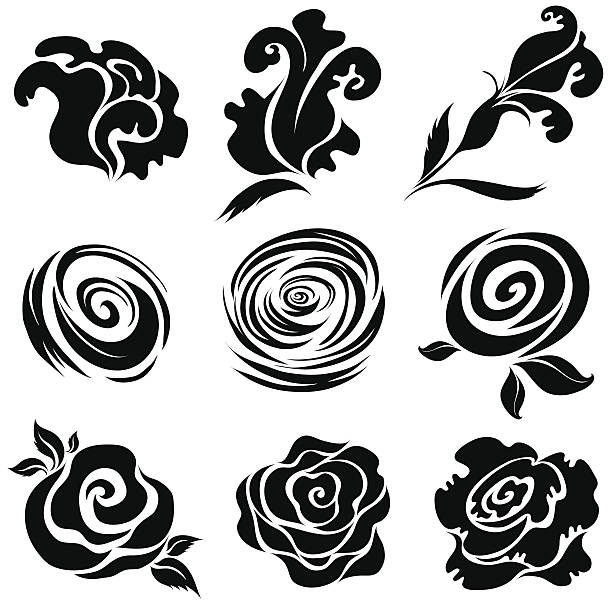 ilustraciones, imágenes clip art, dibujos animados e iconos de stock de vector conjunto de elementos de diseño de la rosa flor - silhouette beautiful flower head close up