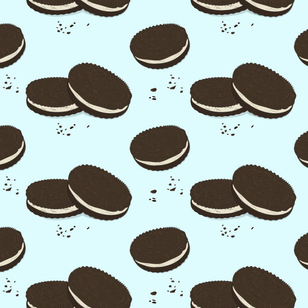벡터 초콜릿 샌드위치 쿠키 패턴입니다. 귀여운 음식 텍스처입니다. 맛 있는 케이크 아침 식사 인쇄입니다. 더블 초콜릿 비스킷 칩. 베이킹 메뉴 장식 - baking bakery biscuit brown stock illustrations