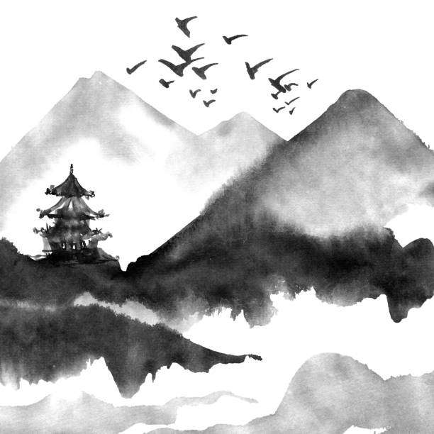 ilustrações de stock, clip art, desenhos animados e ícones de watercolor chinese landscape - mountain temple