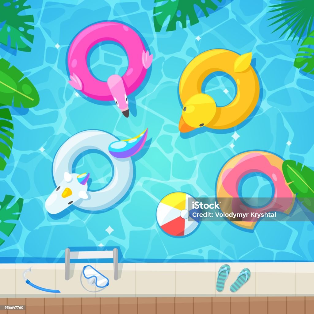 Schwimmbad mit bunten Festwagen, Ansicht von oben-Vektor-Illustration. Kinder aufblasbare Spielzeuge Flamingo, Ente, Donut, Einhorn. - Lizenzfrei Schwimmbecken Vektorgrafik